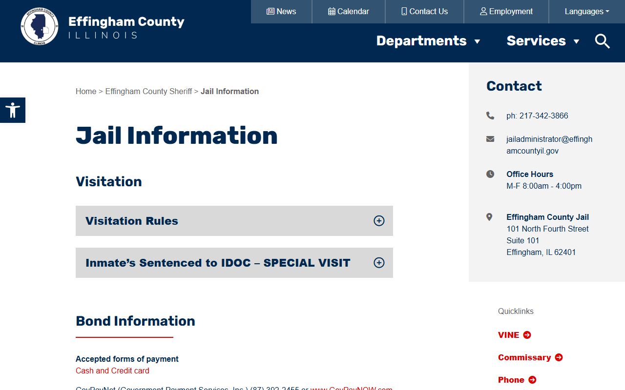 Effingham County jail inmate population and jail corrections page